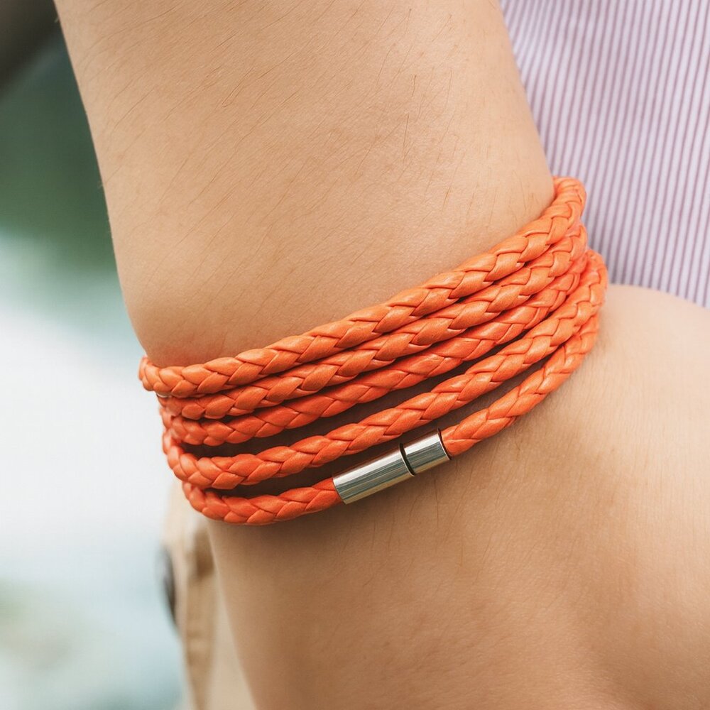 ORANGE Braided Leather Wrap Bracelet – Magnetic Clasp | Multiple Colors | 35.5"